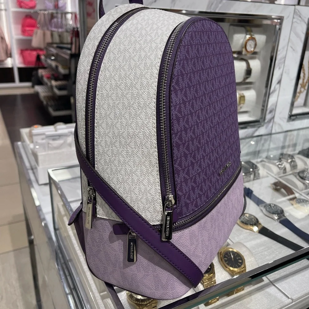 MICHAEL KORS Rhea Medium Zip Color-Block Signature Logo Backpack Dark Purple MLT